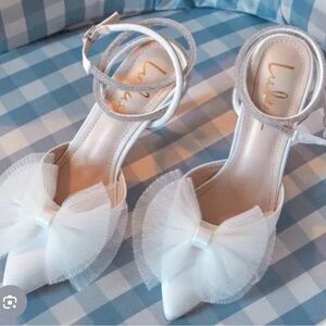 Lulu's White Heels with Bow and Rhinestone Straps
